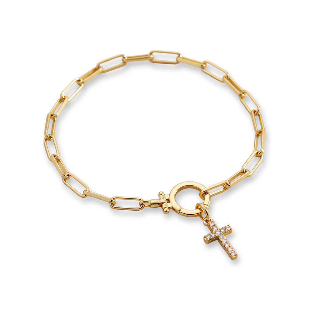 Minzfarbenes Büroklammer-Armband mit Pavé-Kreuz-Anhänger
