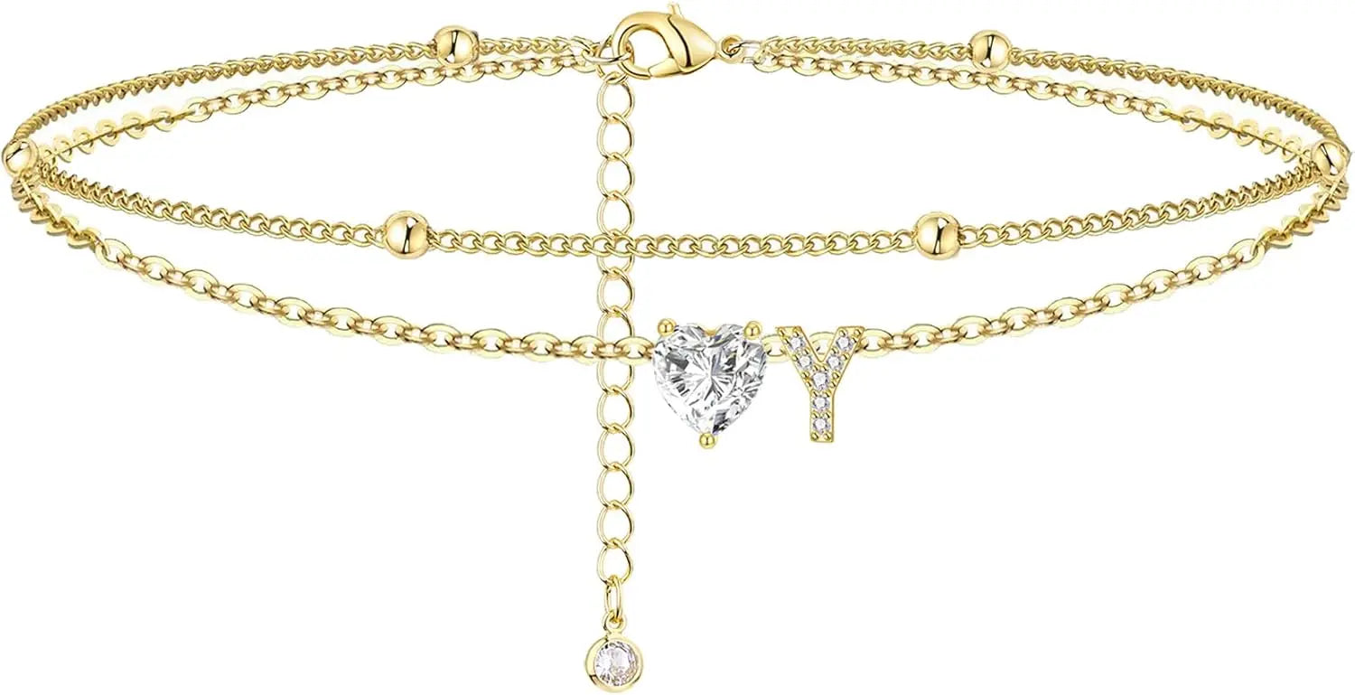 Gold Heart Charm Initial Anklet