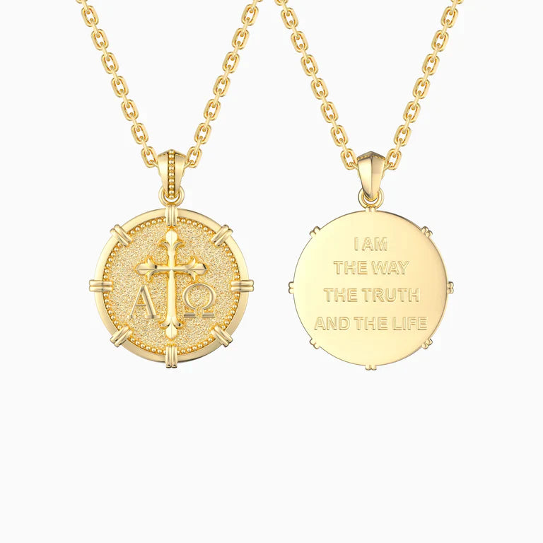 Collier croix médaillon Alpha Omega
