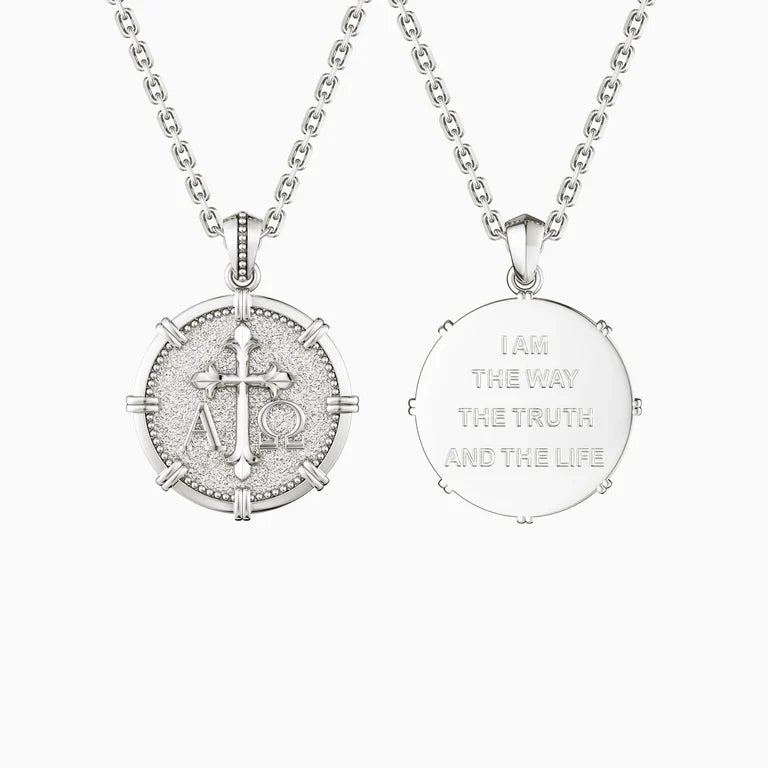 Collier croix médaillon Alpha Omega