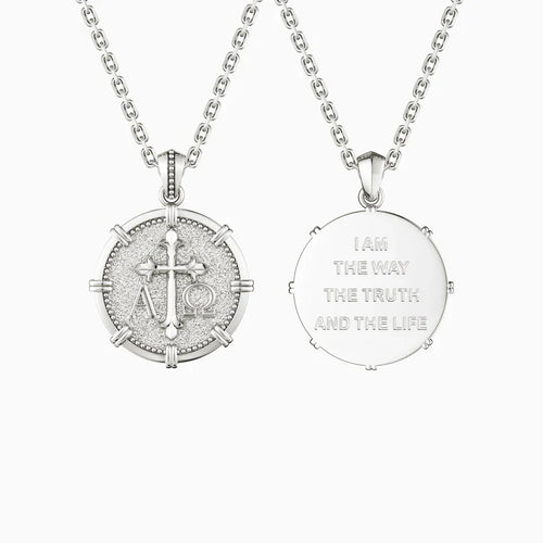 Collier croix médaillon Alpha Omega
