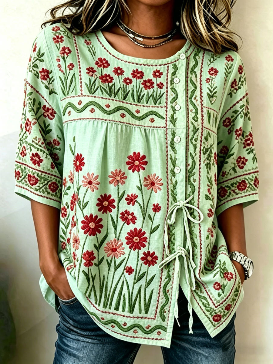Women'S Casual Print Cotton Linen Top
