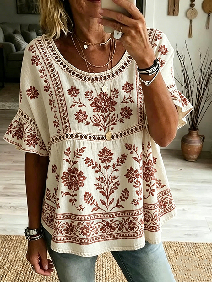 Chemisier paysan vintage à imprimé floral et manches à volants pour femme