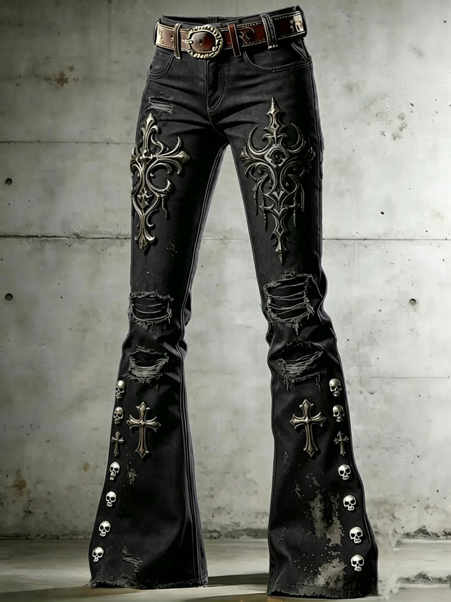 Damen Gothic Totenkopf-Kunstdruck Schlaghose