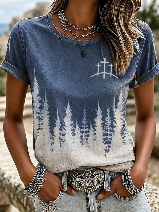 Women'S Western Horse Art Faith Gradient Printed Round Neck T-Shirt