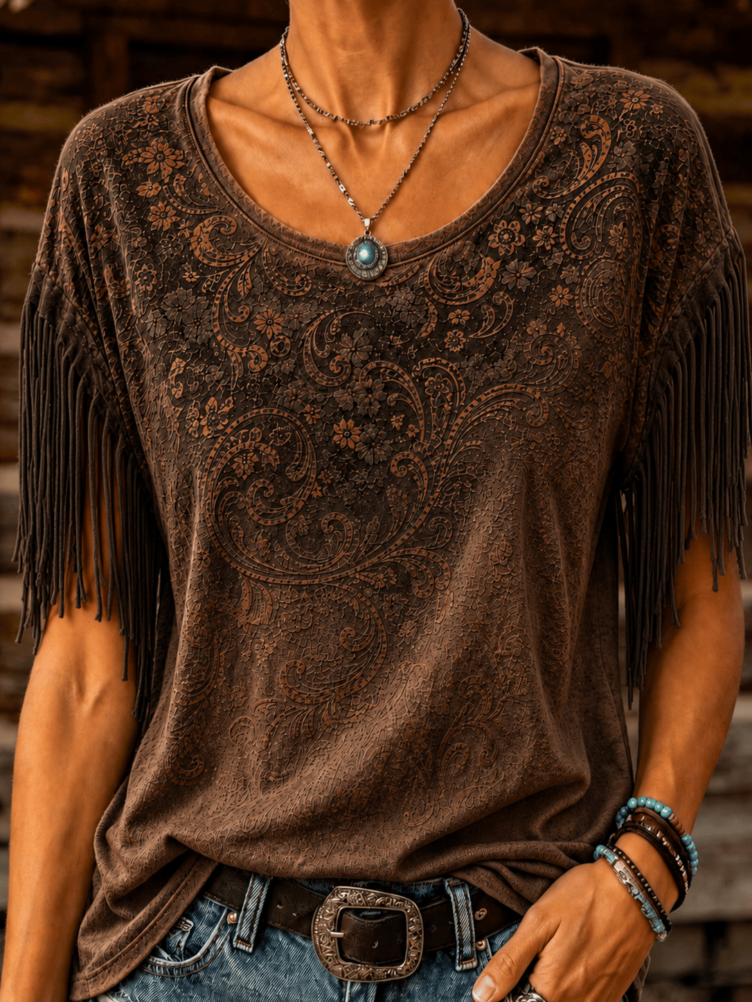 Women's Retro Sapphire Floral Western Print Fringe Round Neck Top