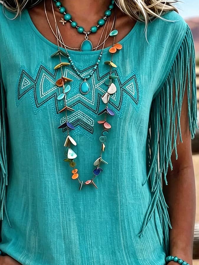 Damen lässiges Oberteil mit Quasten und Patchwork-Print
