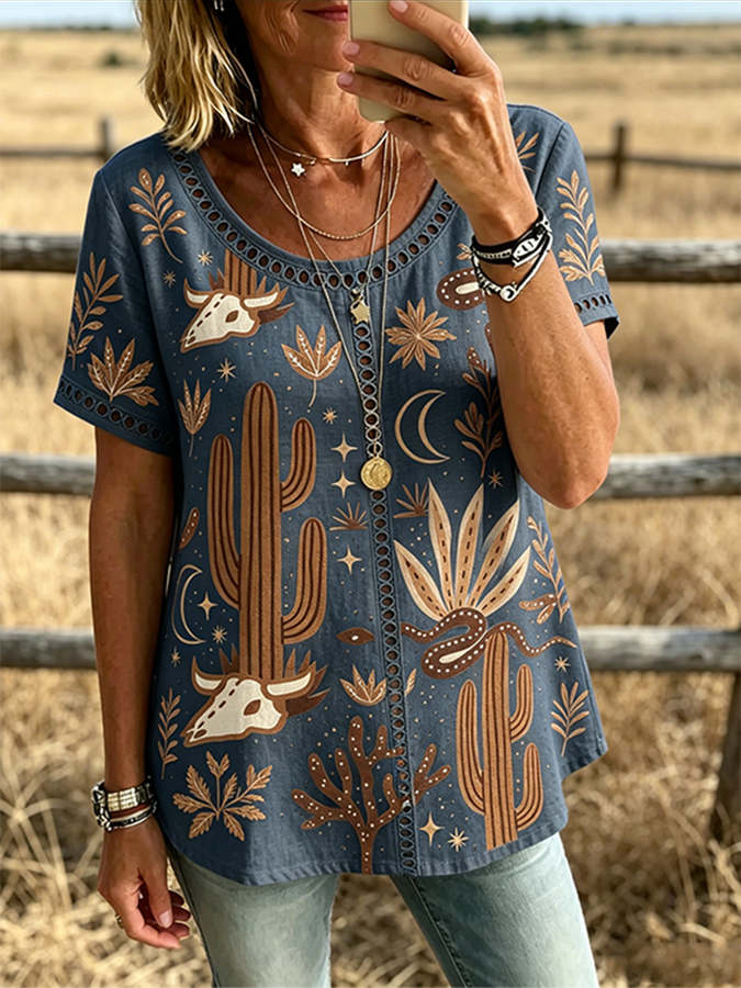 Damen Western Kaktus Stierschädel Print Zierleiste Kurzarm Casual Oberteil