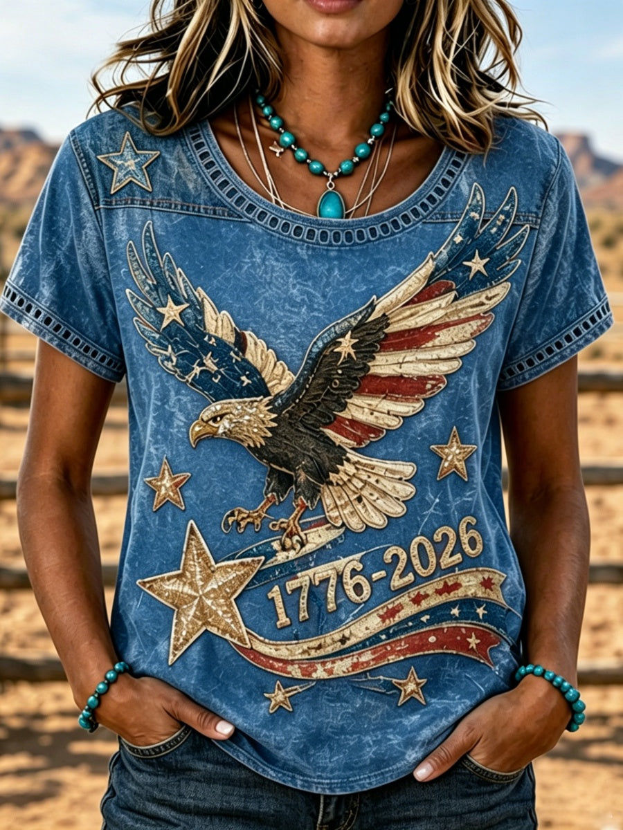 Damen Freizeit-T-Shirt im Western-Stil mit Adler-Print und Lochmuster