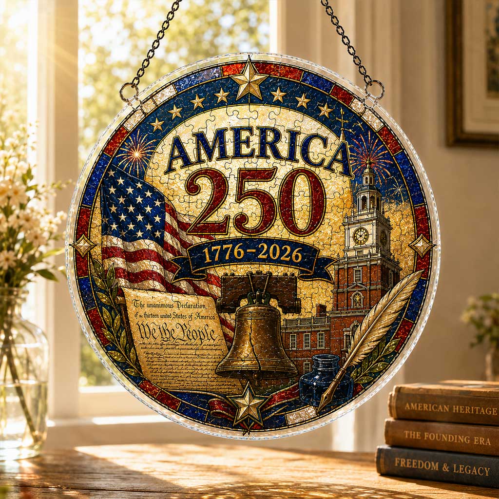 America 250 Acrylic Puzzle Ornament – 1776–2026 Patriotic Hanging Decoration with Eagle, Liberty Bell & Floral Independence Design