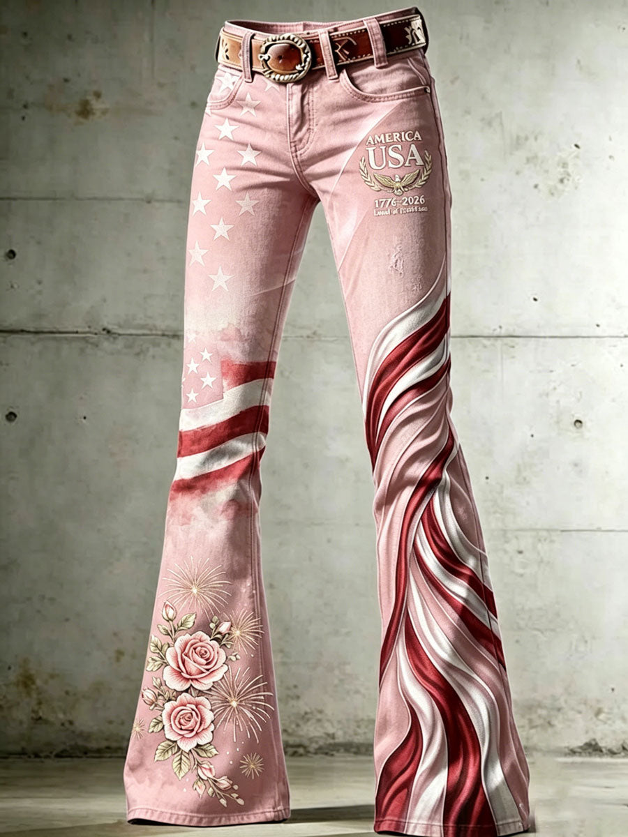 Jean taille haute pour femme avec motifs croix, drapeau, papillon et fleurs