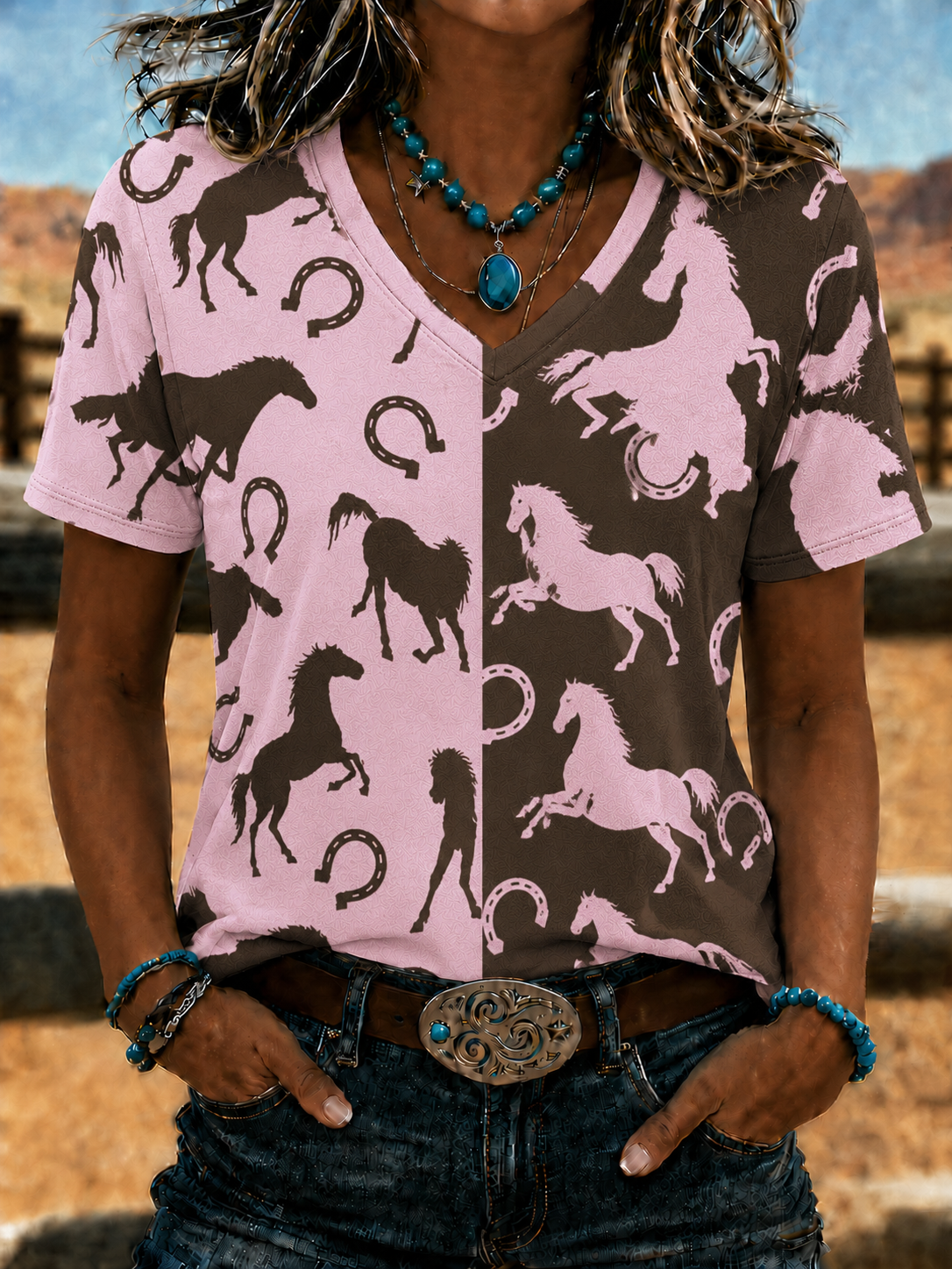 Women'S Retro Western Style Horse Print V-Neck T-Shirt