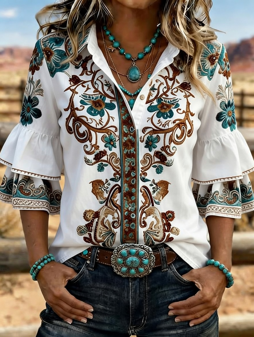 Women's Western Floral Embroidered Denim Bell Sleeve Shirt