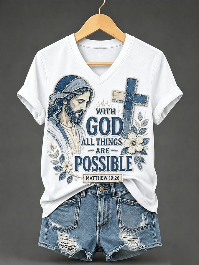 Women's Retro With God All Things Are Possible Faith  Print T-shirt