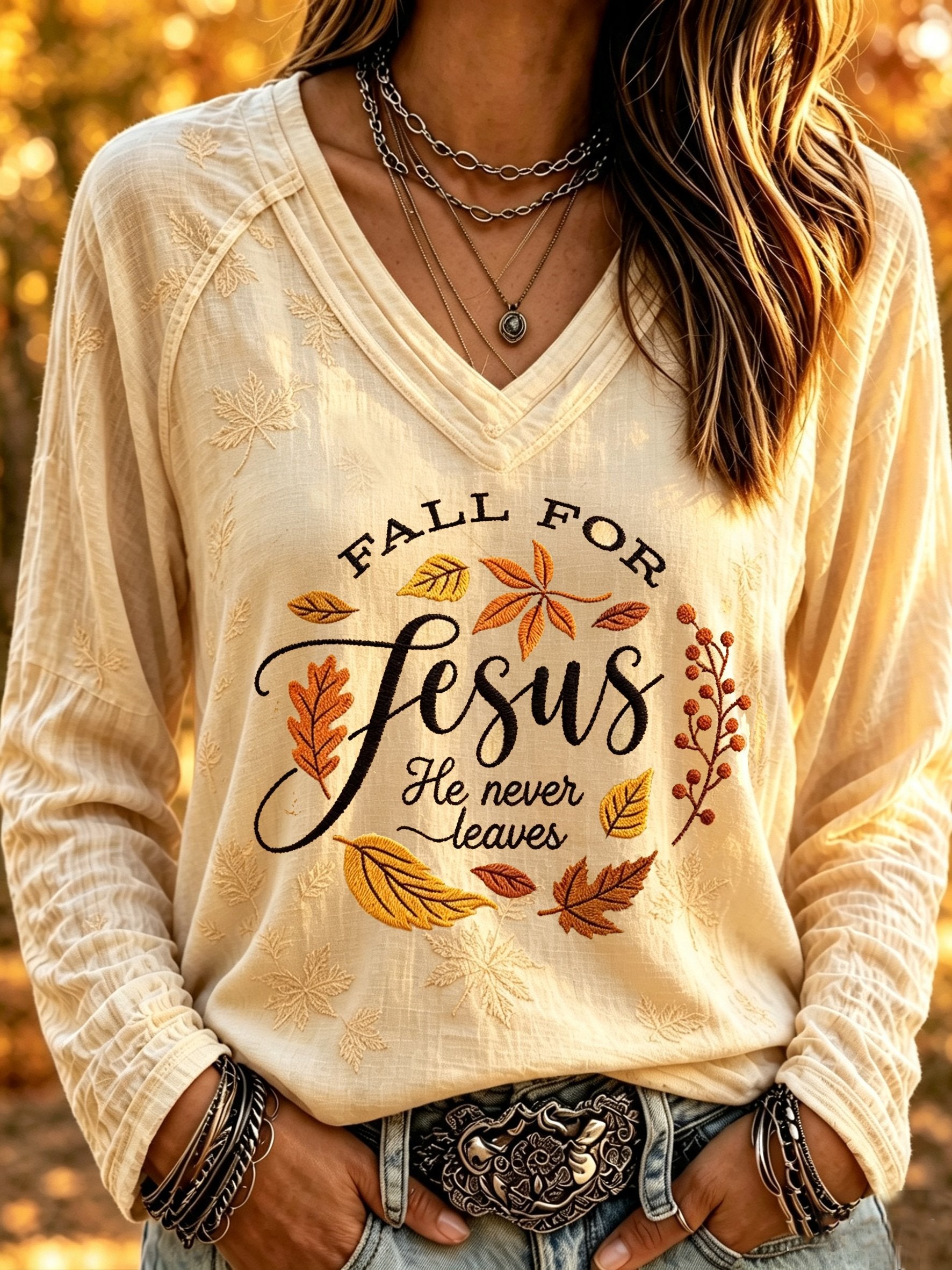 Women's Jesus Faith Autumn Atmosphere V-neck Long Sleeve