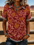 Damen-Top mit geometrisch-ethnischem Druck am Rand, V-Ausschnitt, Western-Stil, Kurzarm, lässig