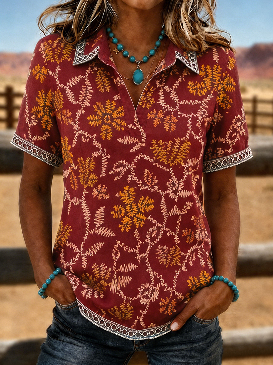 Damen-Top mit geometrisch-ethnischem Druck am Rand, V-Ausschnitt, Western-Stil, Kurzarm, lässig