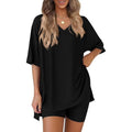 Women’s Buttery-Soft V-Neck Lounge Set – Oversized Split-Hem Top & Biker Shorts