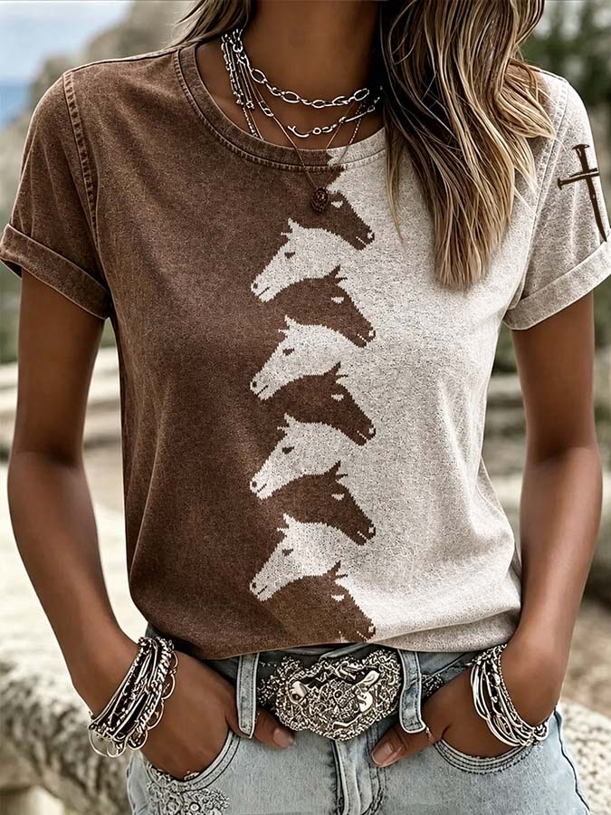 Damen T-Shirt mit Western-Tiermotiv und Rundhalsausschnitt