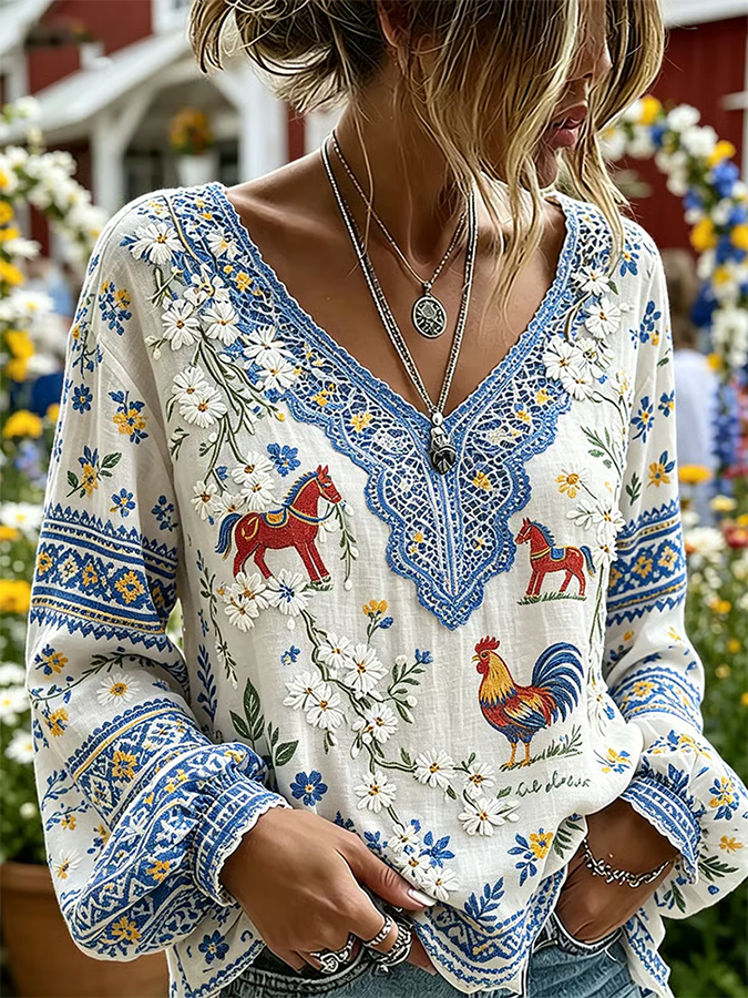 Damen Oberteil mit Blumenmuster und V-Ausschnitt