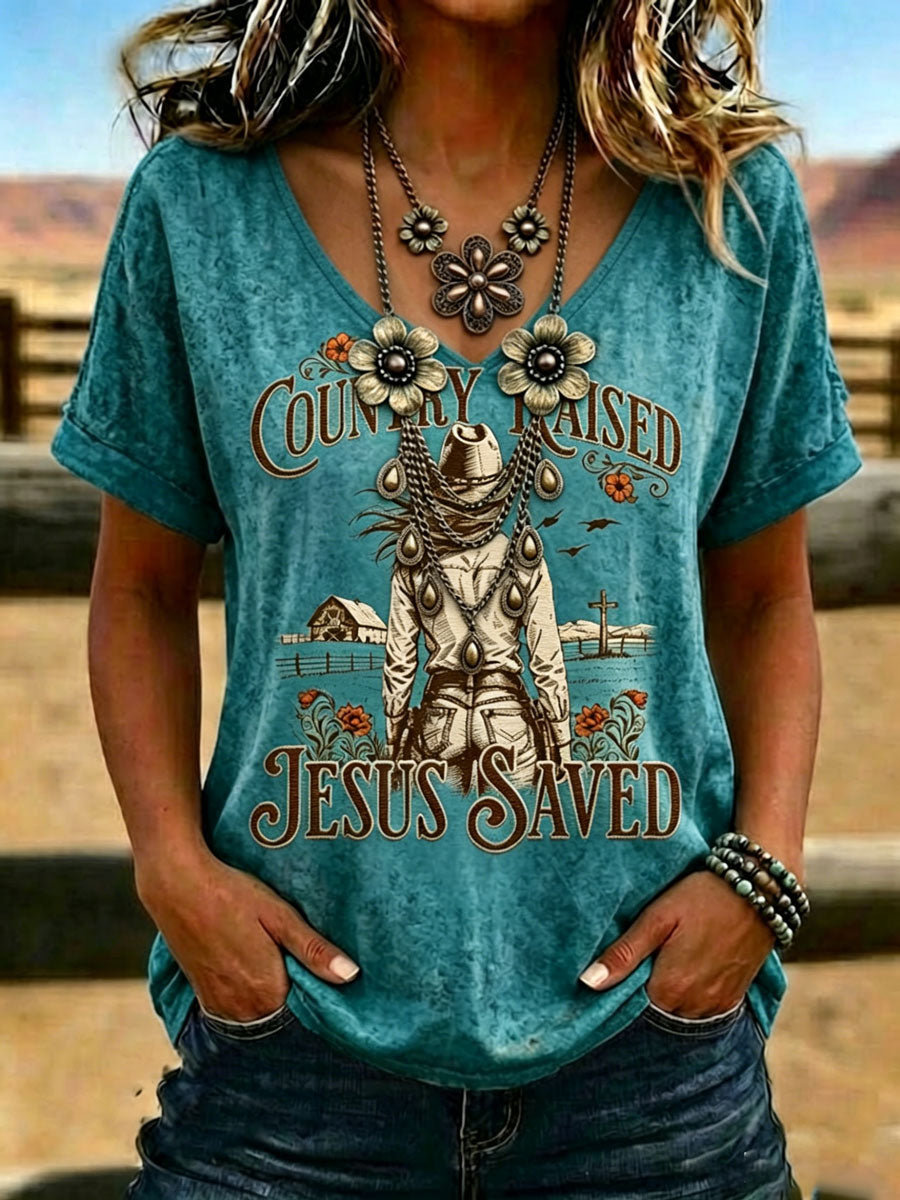 Damen T-Shirt mit V-Ausschnitt im Western-Retro-Stil und Glaubens-Print