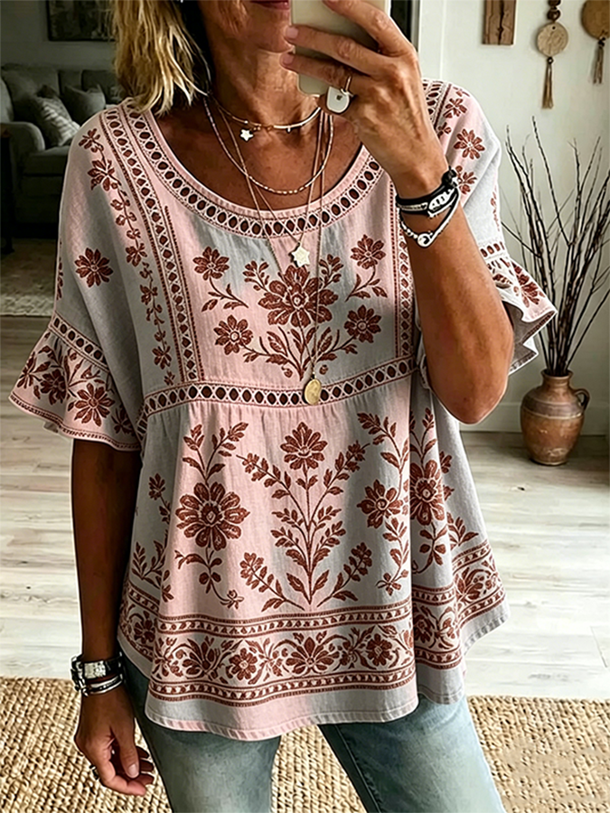 Damen Vintage Bluse mit Blumendruck, Rüschenärmeln und Zierleiste