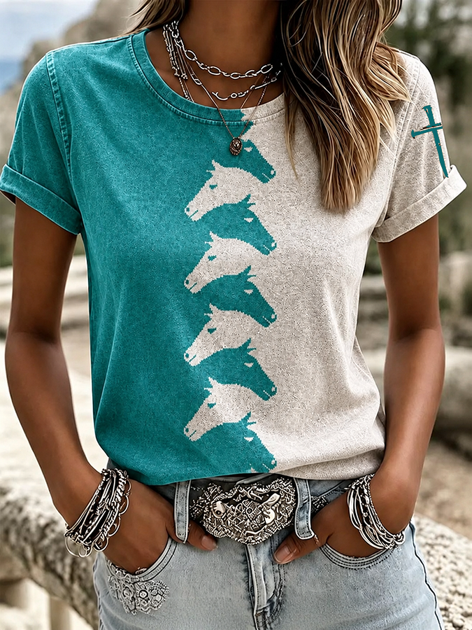 Damen T-Shirt mit Western-Tiermotiv und Rundhalsausschnitt