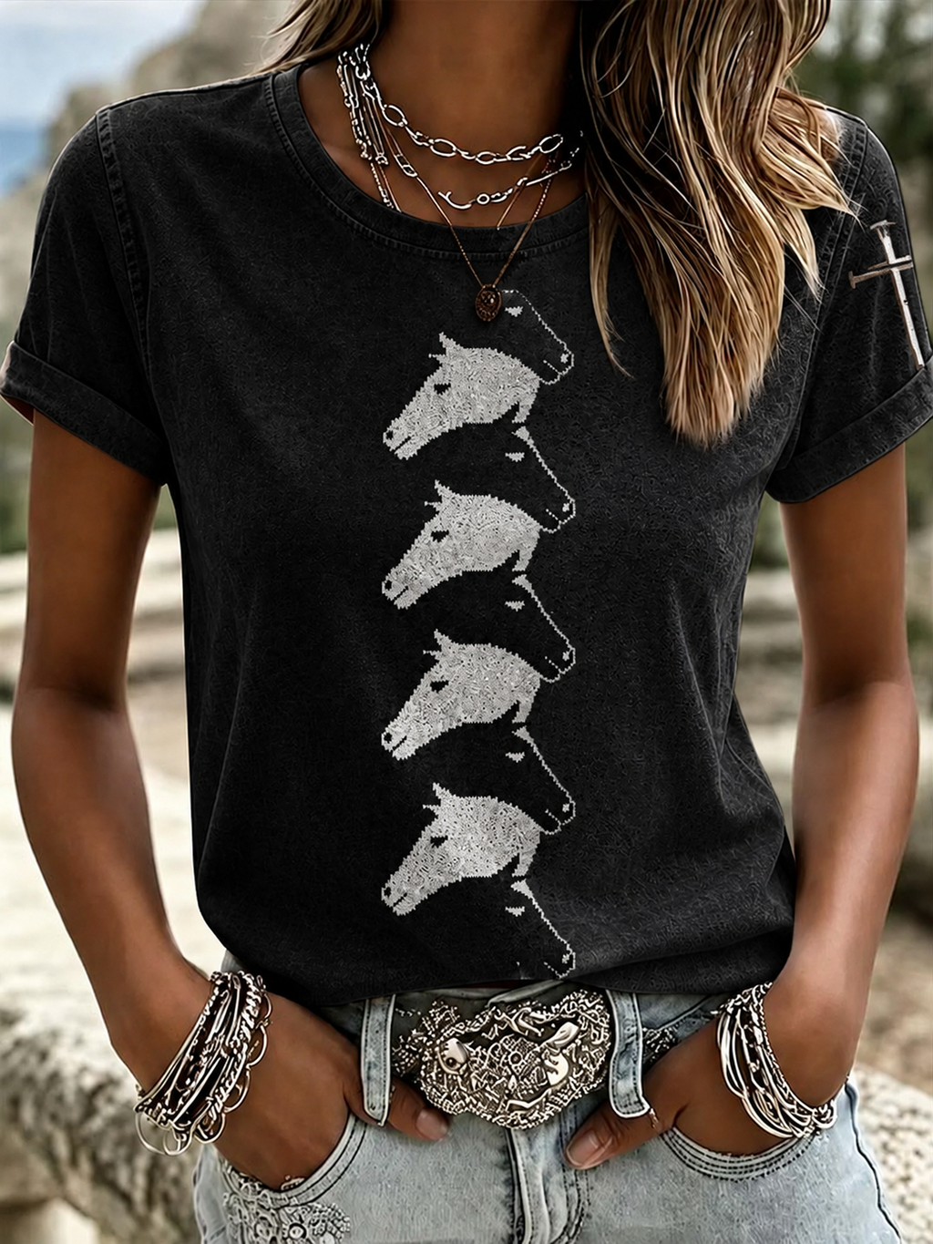 Damen-T-Shirt im Western-Stil mit Tiermuster und Rundhalsausschnitt