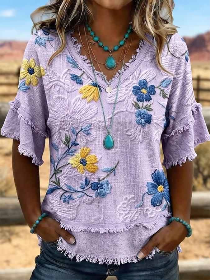 Women'S Vintage Art Patchwork Cotton And Linen Shirt