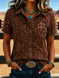 Damen Retro Western Blumen Kreuz Kurzarmhemd