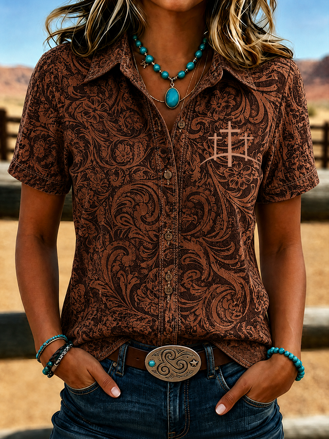 Damen Retro Western Blumen Kreuz Kurzarmhemd