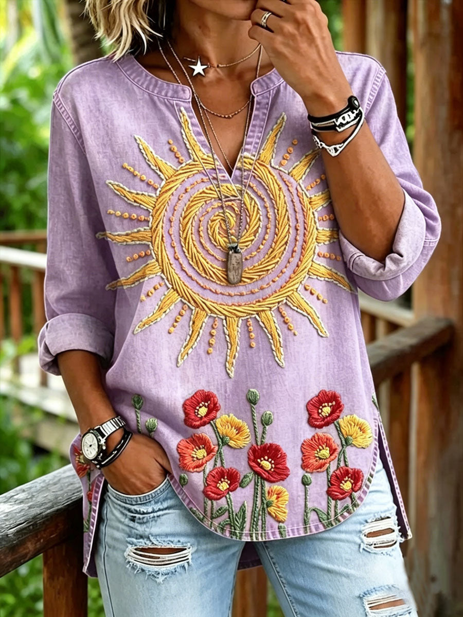 Women's Vintage Floral Print Casual V-Neck Shirt