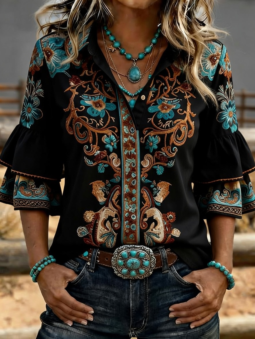 Women's Western Floral Embroidered Denim Bell Sleeve Shirt