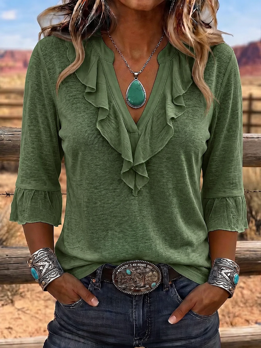 Haut décontracté pour femme, style western, encolure en V, volants, coton et lin
