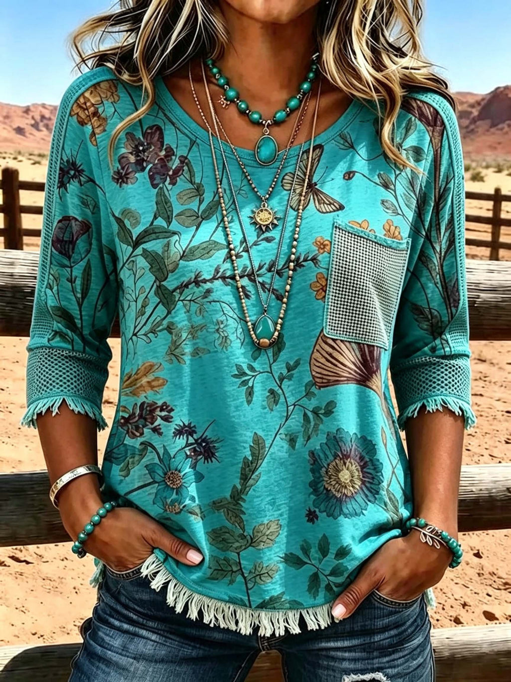 Damen Lässiges Oberteil mit Quasten und Patchwork-Print
