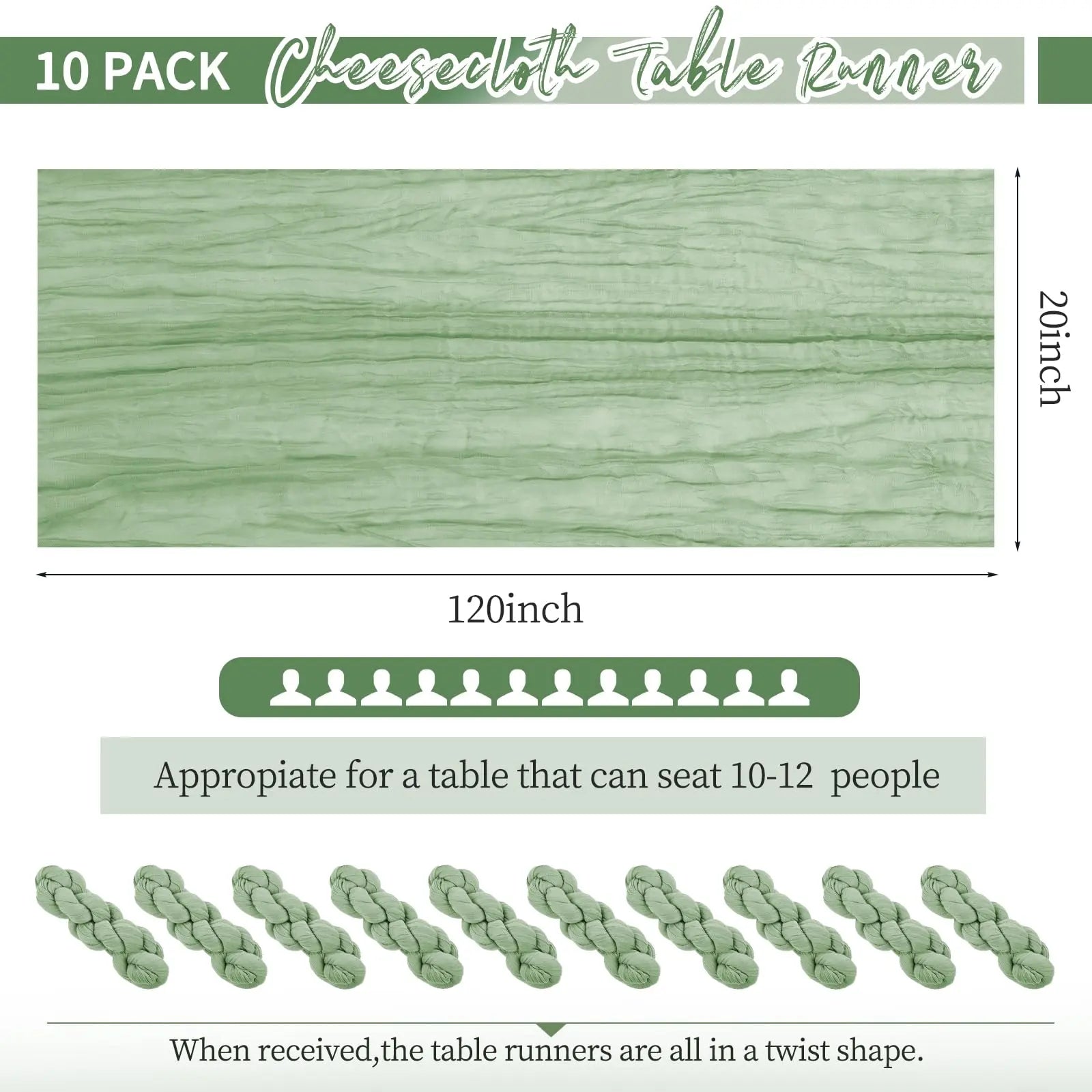 10 ft Sage Green Cheesecloth Table Runner for Weddings