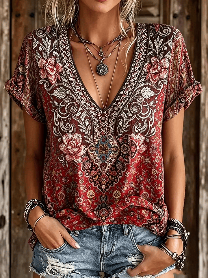 Damen-V-Ausschnitt-Oberteil im Vintage-Western-Print