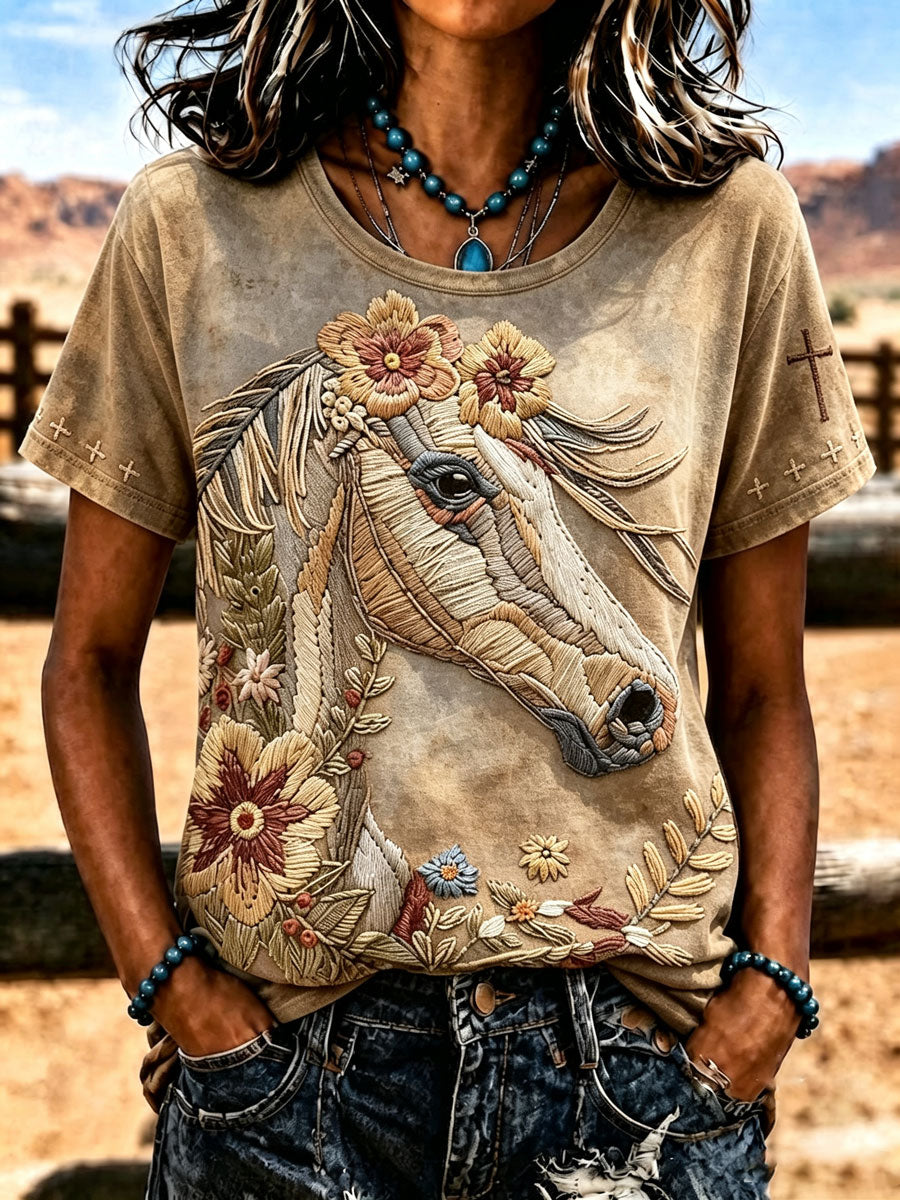 Women'S Western Style Animal Cross Round Neck T-Shirt