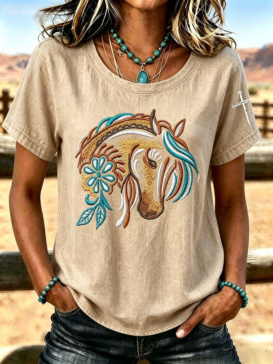 Women's Western Style Animal Cross Round Neck T-Shirt