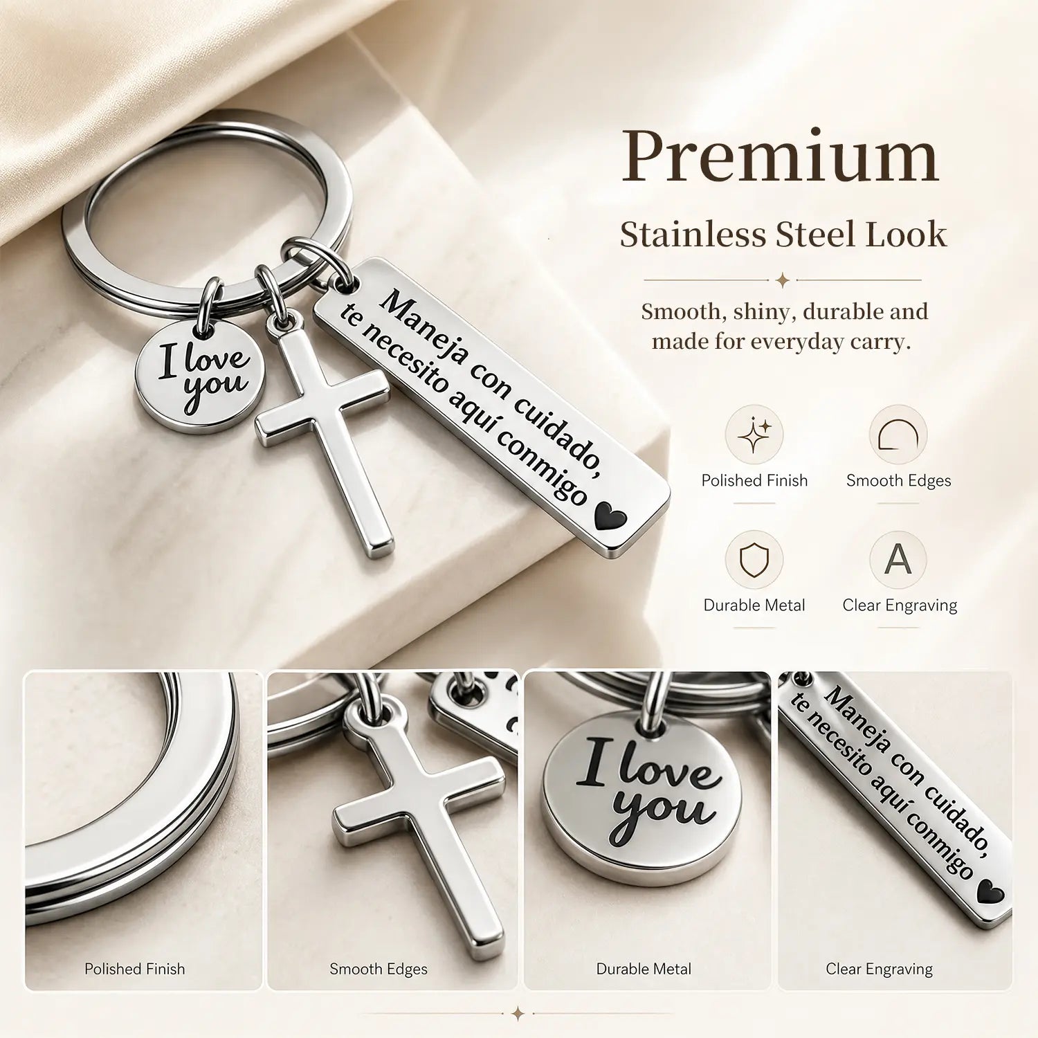 Maneja Con Cuidado Drive Safe Schlüsselanhänger mit Kreuz und I Love You Anhänger