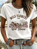 Retro Ethnisch Blumenmuster Bedrucktes Rundhals Damen T-Shirt