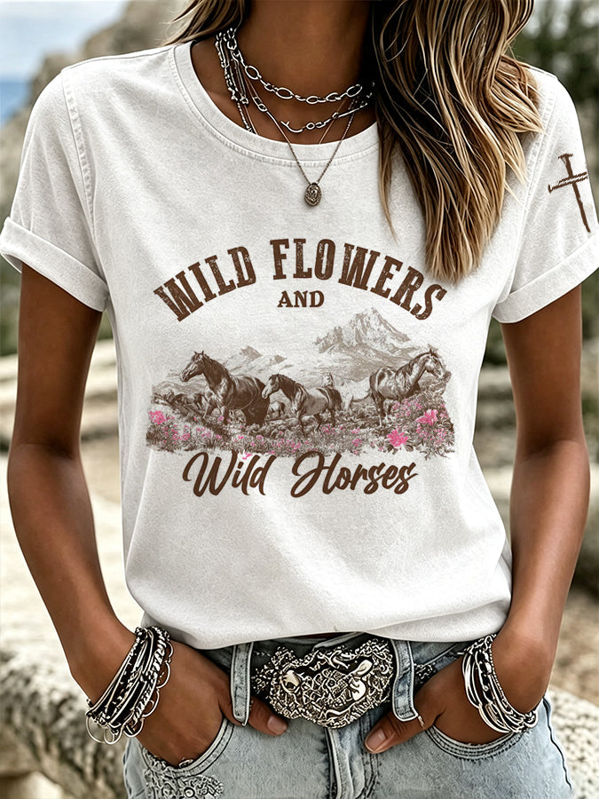 Retro Ethnisch Blumenmuster Bedrucktes Rundhals Damen T-Shirt