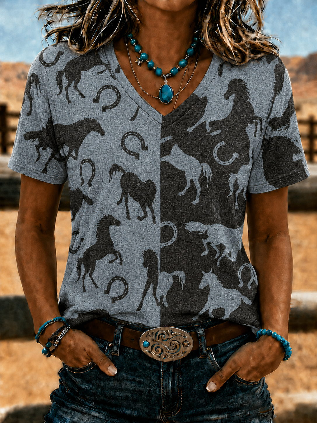 Women'S Retro Western Style Horse Print V-Neck T-Shirt