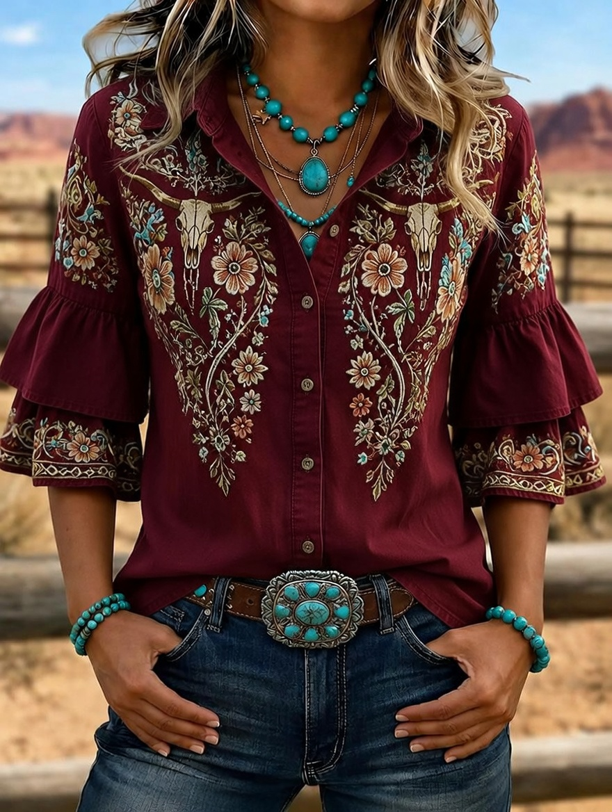 Chemise femme à manches volantées brodées tête de buffle Western