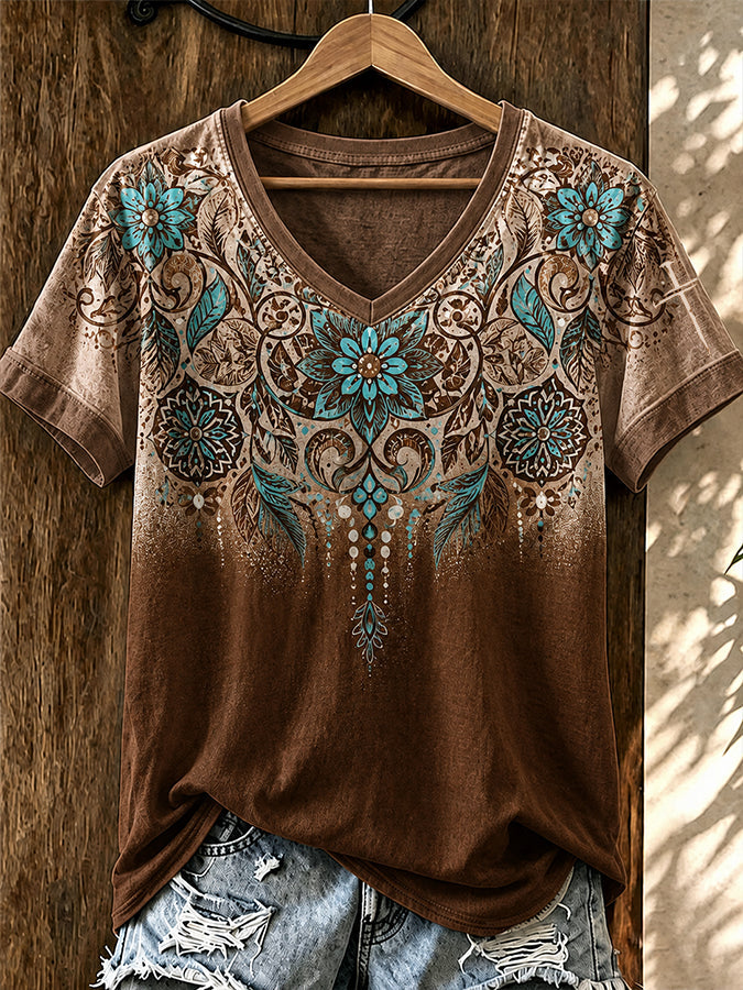 Women'S Retro Western Ethnic Art Flower Printed V-Neck T-Shirt