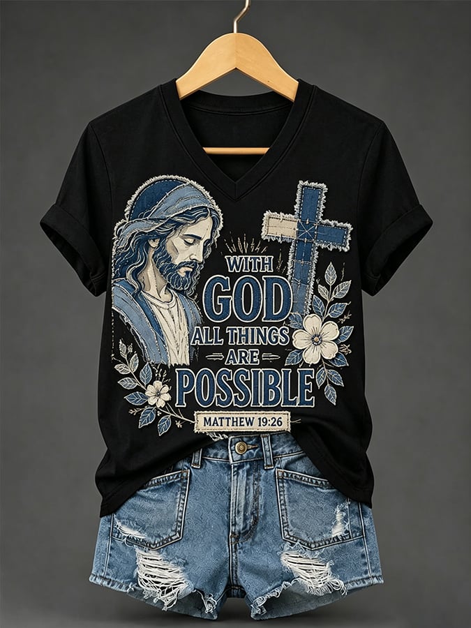 Women's Retro With God All Things Are Possible Faith  Print T-shirt