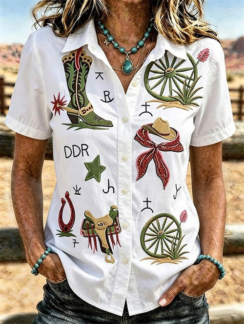 Cowboy Boot Horseshoe Embroidery Western Short Sleeve Shirt