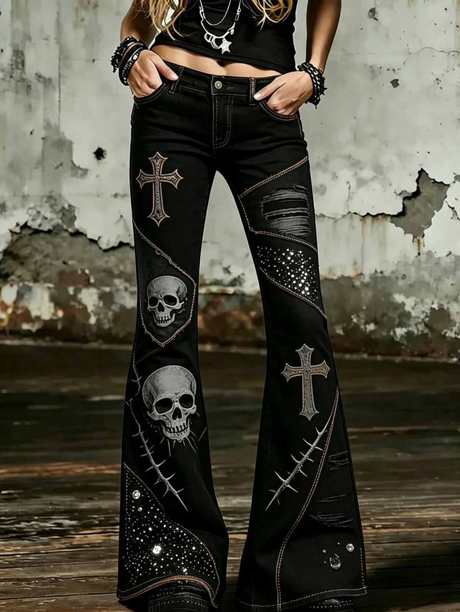 Damen Retro Westernstil Kunstdruck Schlaghose mit Schlag