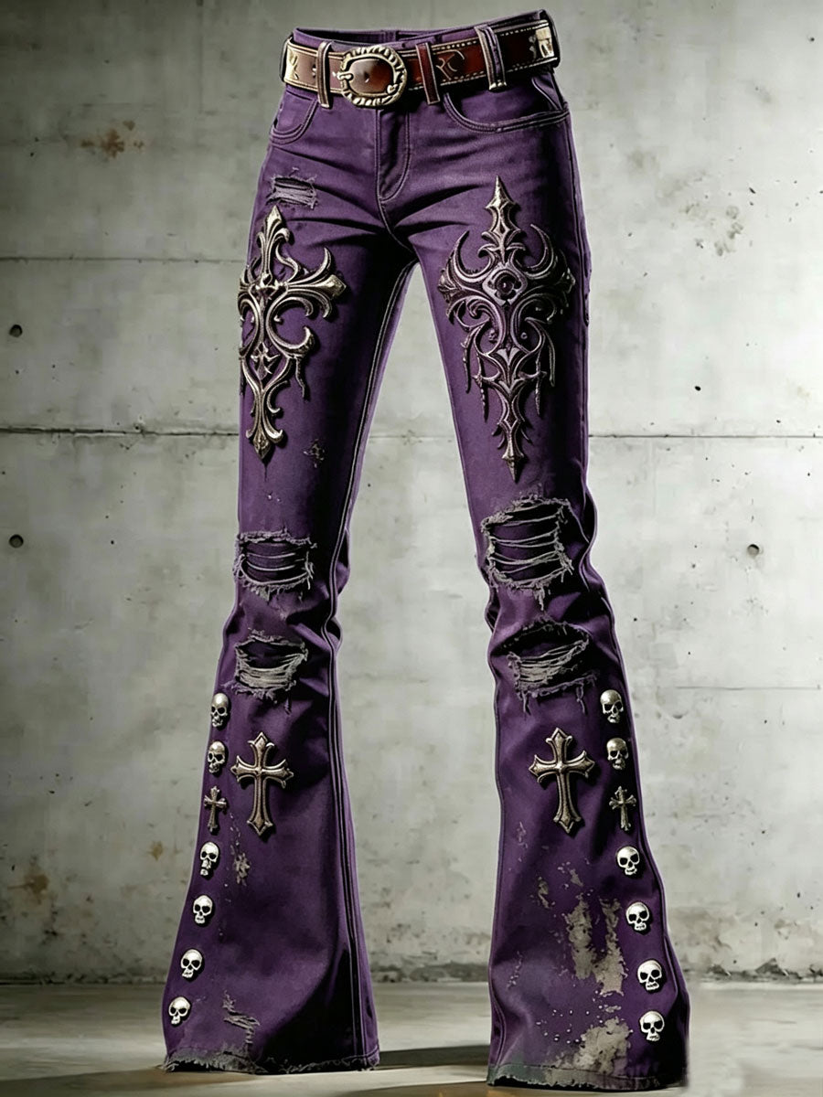 Pantalon évasé à imprimé artistique tête de mort gothique pour femme