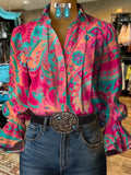 Damen Freizeit Western Hemd mit Puffärmeln und Muster